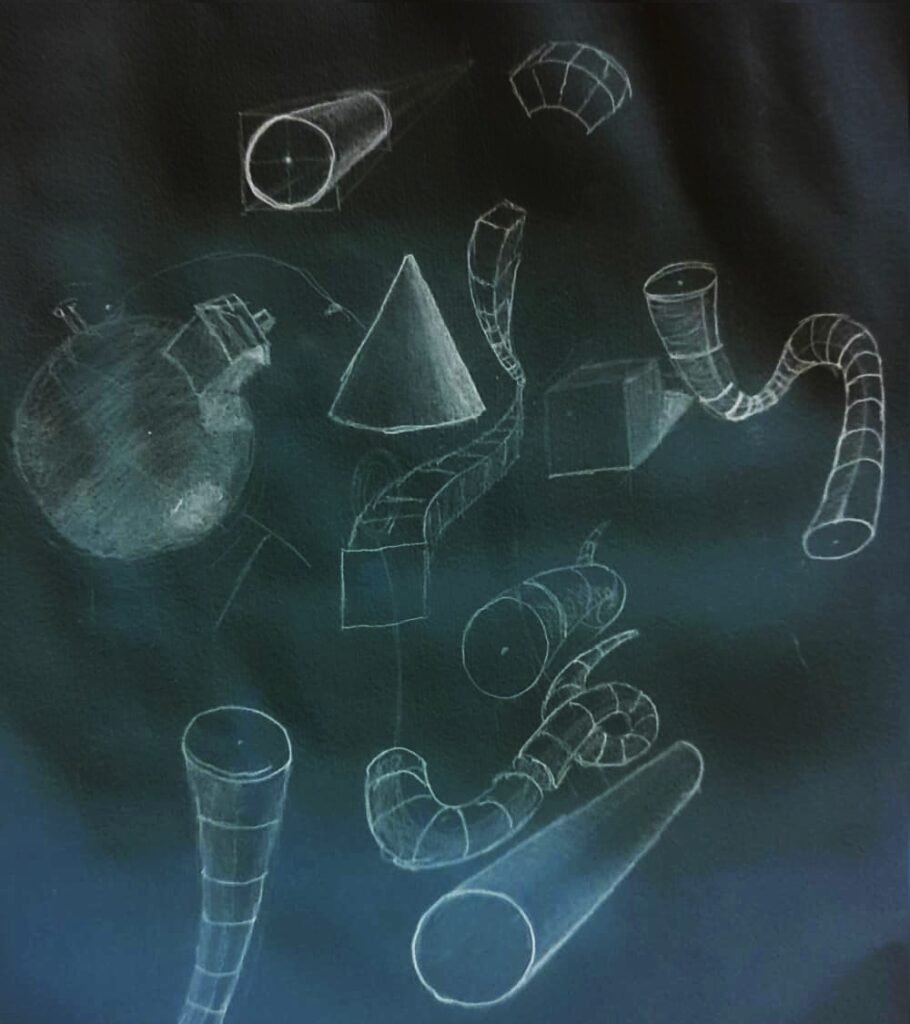 White contour sketches of geometric and tubular forms on a dark background.