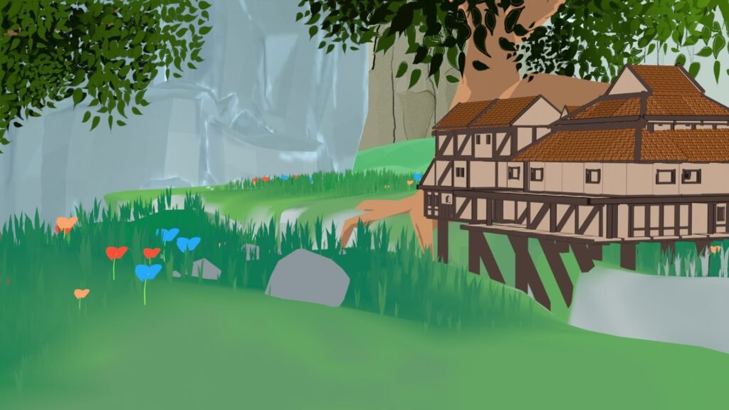 Fantasy landscape with a timber-framed house on stilts beside a large tree, surrounded by colorful heart-shaped flowers and rocky cliffs.